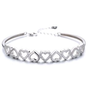 14K White Gold Hearts Bangle Adjustable Bracelet with crystals